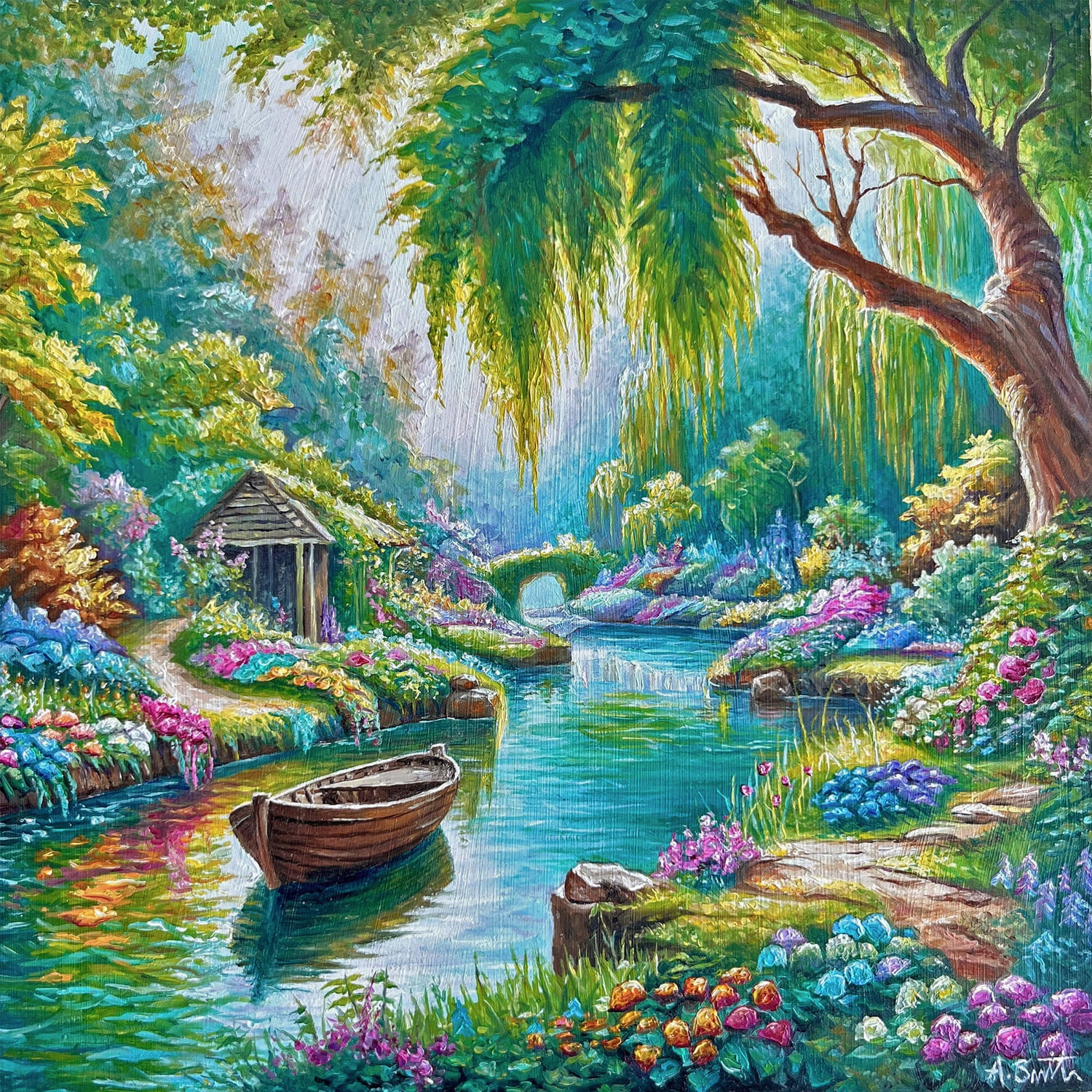Tranquil Waters colourful garden landscape art print with rowing boat, willow tree and flowers by Suffolk artist Abbie Smith